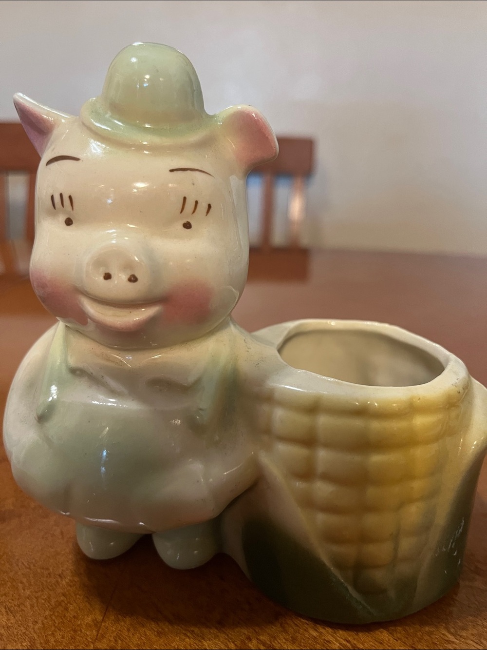 Ceramic Pig Planter with Corn Basket - Pastel Pink, Yellow & Green - Picture 2 of 7
